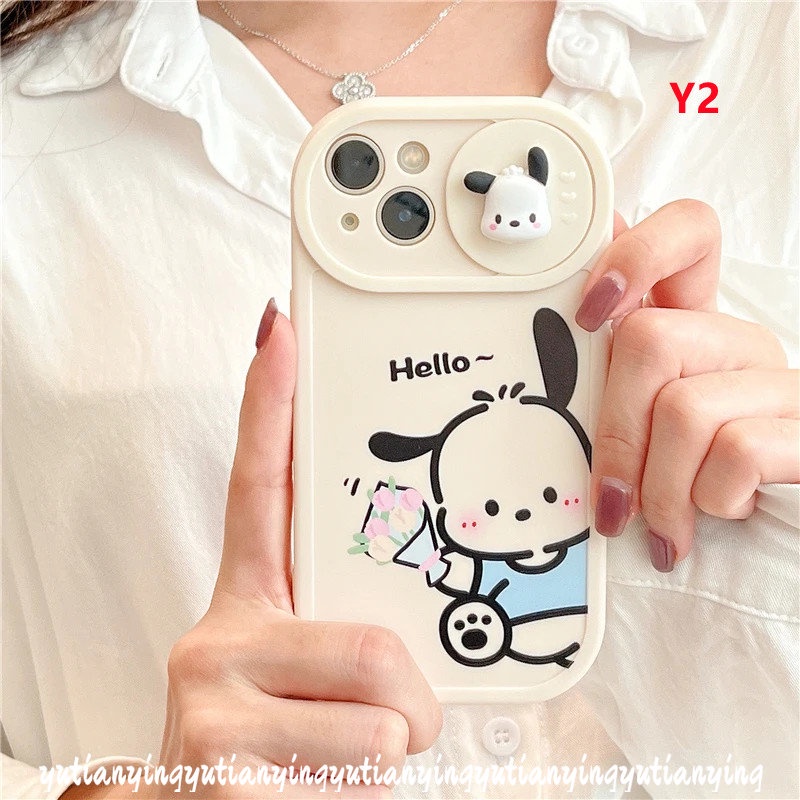 IPHONE Pasangan Lucu Pochacco Case Kompatibel Untuk Iphone11 13 12 Pro MAX Xr7 8 Plus X XS MAX Lembut TPU Kartun 3D Boneka Push Pull Jendela Penutup Perlindungan Lensa Kamera