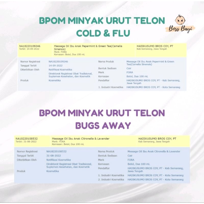 FORA - Minyak Urut Telon Bayi | Fora Could Flu (Green Tea) | Fora Bugs Away (Lavender)