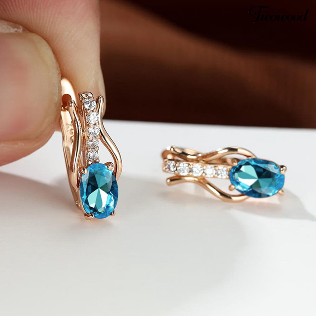 Twowood 1pasang Drop Earrings Oval Cut Faux Gemstone Temperamen Shiny Cubic Zirconia Hias Dress Up Hadiah Wanita Mewah Menjuntai Anting Perhiasan Pernikahan