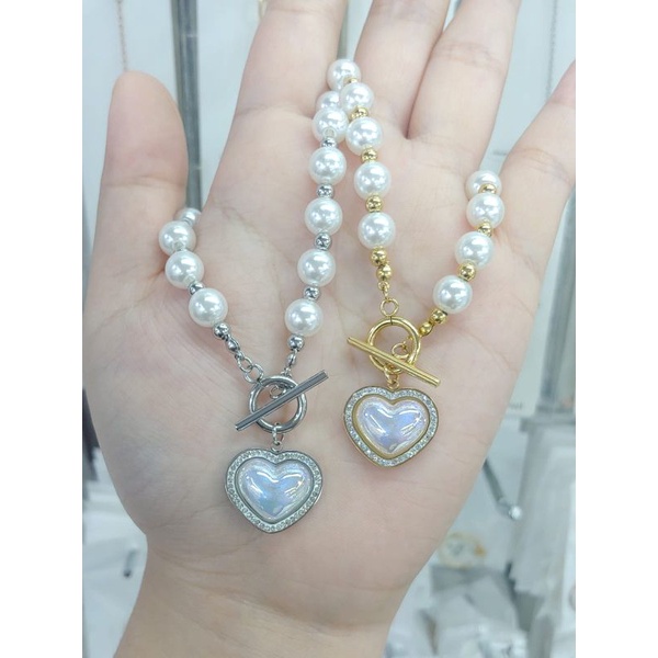 kalung mutiara love fashion wanita titanium anti karat anti luntur