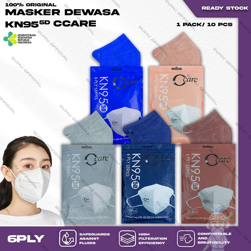 Masker KN95 CCARE isi 10Pcs 6Ply Putih Hitam Abu Warna 95 6 Ply Earloop Surgical Mask Kemenkes
