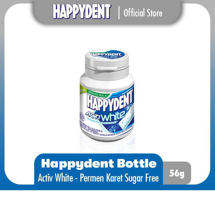 Happydent Acti White Sugar Free Bottle 56g - Permen Karet Mint Bebas Gula