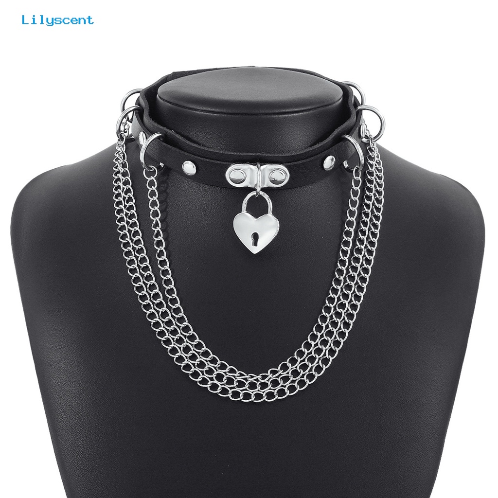 [LS] Kalung Choker Gaya Punk Gothic Hip Hop Cinta Hati Liontin Berlebihan Dekorasi Kulit Imitasi Wanita Rantai Logam Rumbai Liontin Kalung Fashion Perhiasan Untuk Pesta