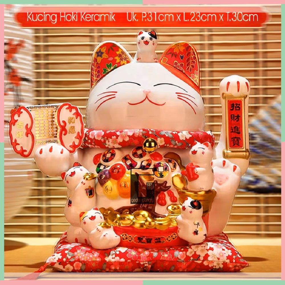 Pajangan Patung Hiasan Dekorasi Boneka Kucing Hoki Keberuntungan Lucky Cat Rejeki Maneki Neko Maneko Neki Cream Gold Tangan Goyang Gerak Baterai Batre Batrai Batrei Listrik Cina China Jepang Meja Toko Kasir Size Ukuran Sedang Medium Besar Jumbo Keramik XL