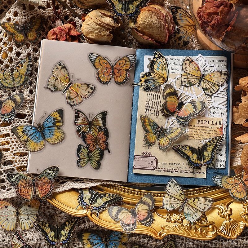 3lembar/pack Vintage Butterfly Light Shining Series Gilding PET Stiker Empat-Warna Butterfly Glittering Sticker DIY Diary Scrapbooking Hand Akun Dekoratif Stiker