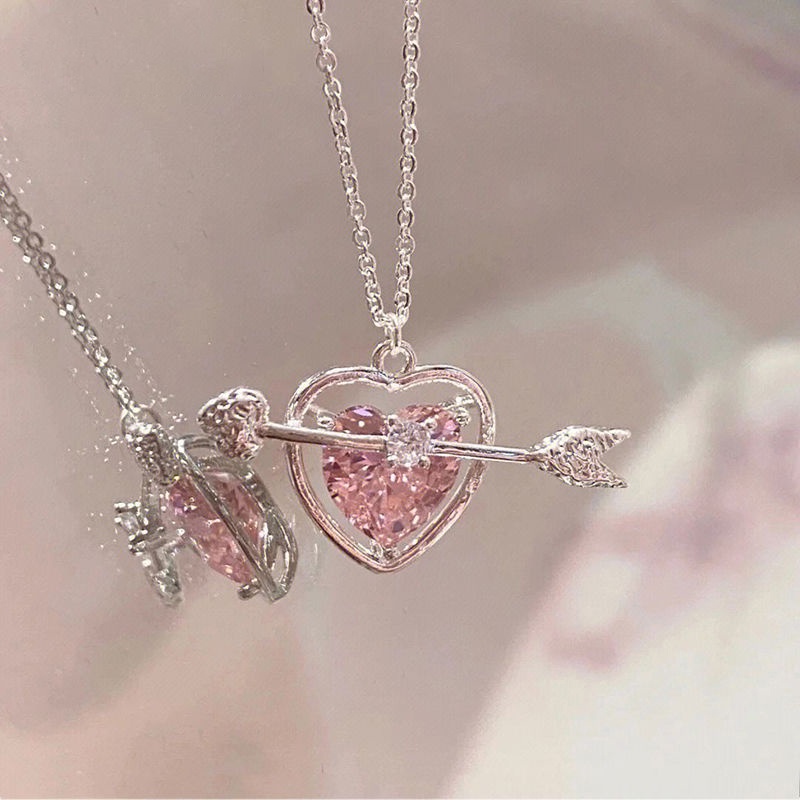 AY(CN) Cupid Kalung Berlian Merah Muda Hati Liontin Silver Rantai Choker Untuk Aksesoris Perhiasan Wanita