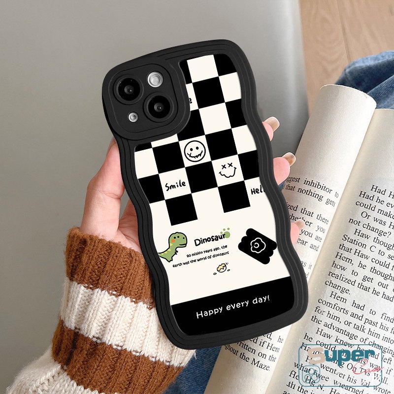 Casing Untuk Samsung A04s A14 A13 A32 A04 A50 A21s A12 A23 A04E A33 A03s A31 A50s A53 A52 A11 A30s A22 A52s A51 A02s A20 M32 Lembut Bergelombang Tepi Lucu Senyum Dinosaurus Plaid Chessboard Case