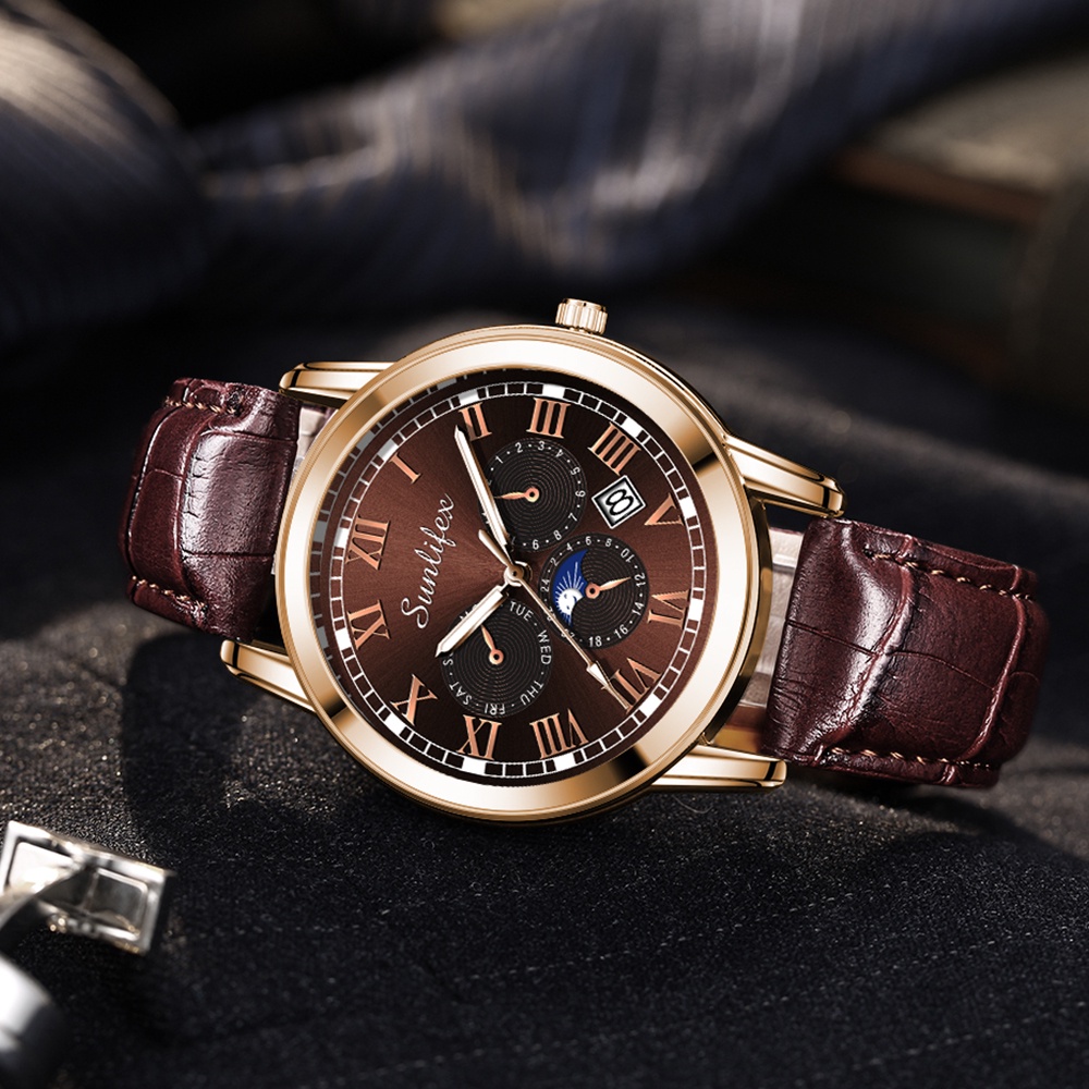 Sunlifex Jam Tangan Pria 7003 Kalender Kuarsa Santai Bisnis Tali Kulit Jam Tangan Cowok-1