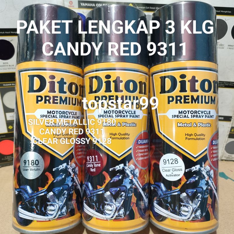 Diton Premium Paket Lengkap 3 Kaleng 400cc Merah Candi Candy Red 9311 Silver Metalic 9180 Clear Glossy 9128 Pilox Pilok Cat Semprot Spray Paint