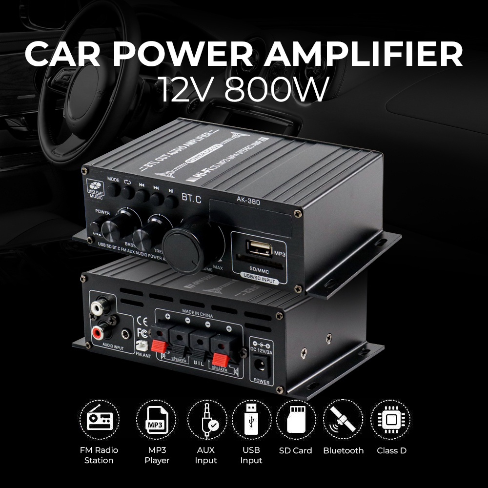 LEORY POWER MEDIA PLAYER Bluetooth Home/Car Audio Power Amplifier 12V 800W PMPO - AK380 AK370 AK-270