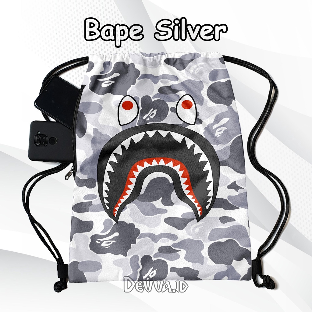 Tas Serut Anti Air String Bag Full Print Pria Dan Wanita Motif Bape Silver Tas Sekolah Tas Olahraga