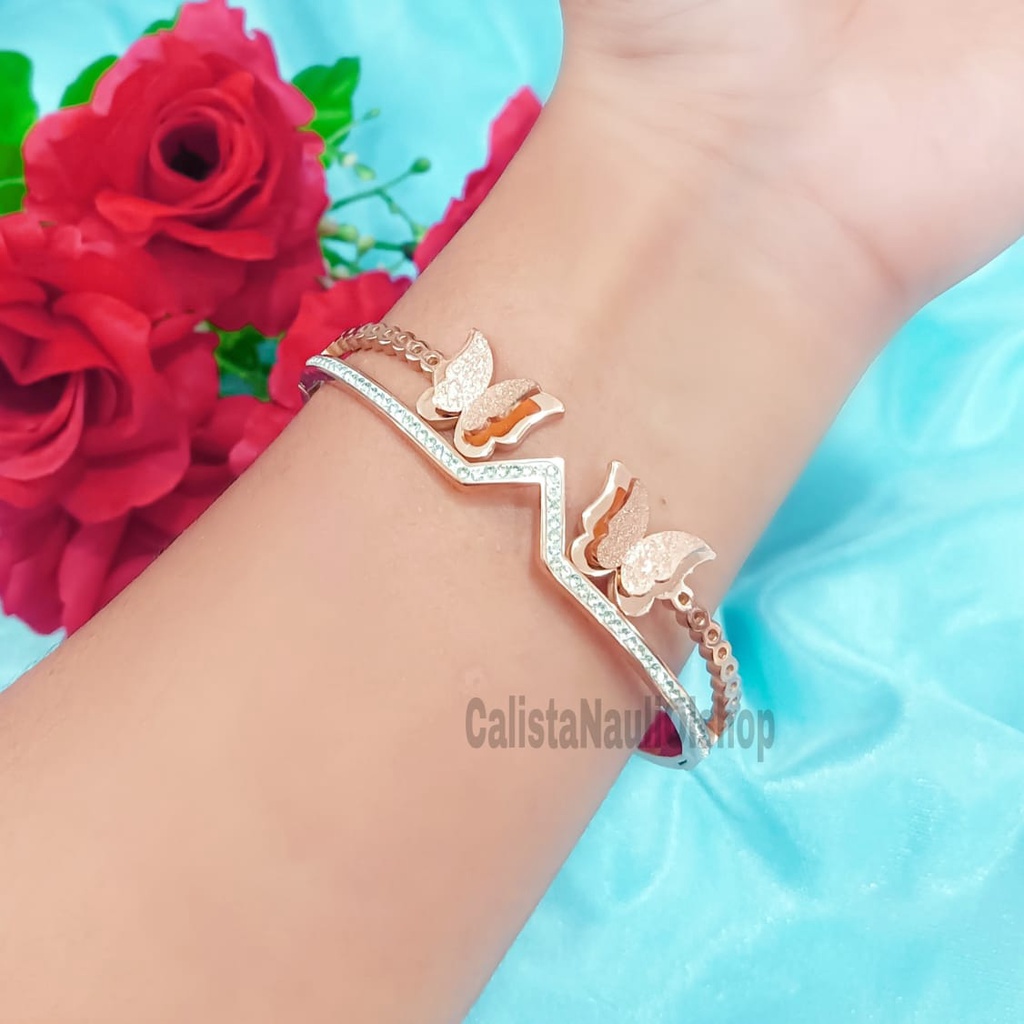 Set Kalung+Gelang Titanium Kupu Kupu Big Small Zircon Fashion Anti Karat Dan Anti Luntur