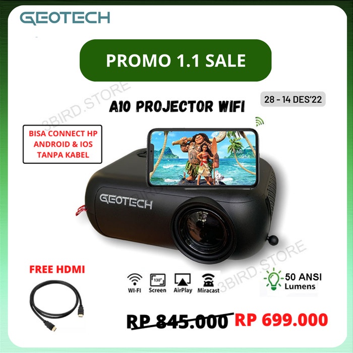 

[[JNT COD]] Projector GEOTECH A10 Mini Proyektor Wifi Mirroring 50 ANSI Lumen