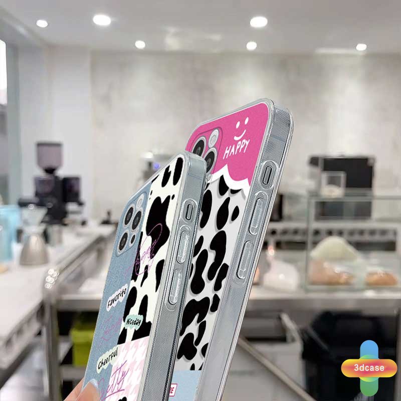 IPHONE Case Kompatibel Untuk For IPhone 11 12 13 PRO MAX 6 7 6S 8 Plus X XR XS MAX 11 12 13 Se 2020 6SPlus 7Plus 6Plus 8Plus XSMAX  Wavy Edge Cute Denim Patch Happy Leopard Print Bening Lembut TPU Pasangan Ponsel Case