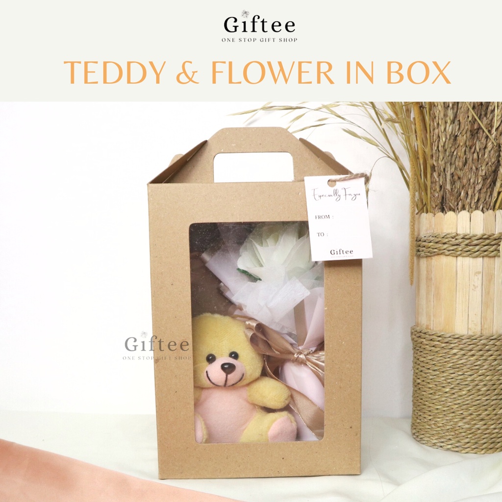 TEDDY AND FLOWER IN BOX FREYA GIFT FLOWERS BOUQUET KADO VALENTINE ROSE BUKET BUNGA MAWAR ARTIFICIAL 