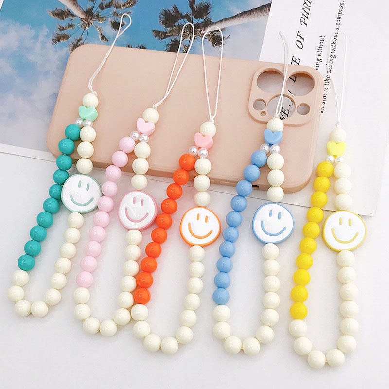 Smile Face 8warna Kontras Rantai Manik-Manik Akrilik Bulat Universal Tali Anti Hilang Untuk iPhone Android OPPO VIVO Huawei Xiaomi Redmi Samsung