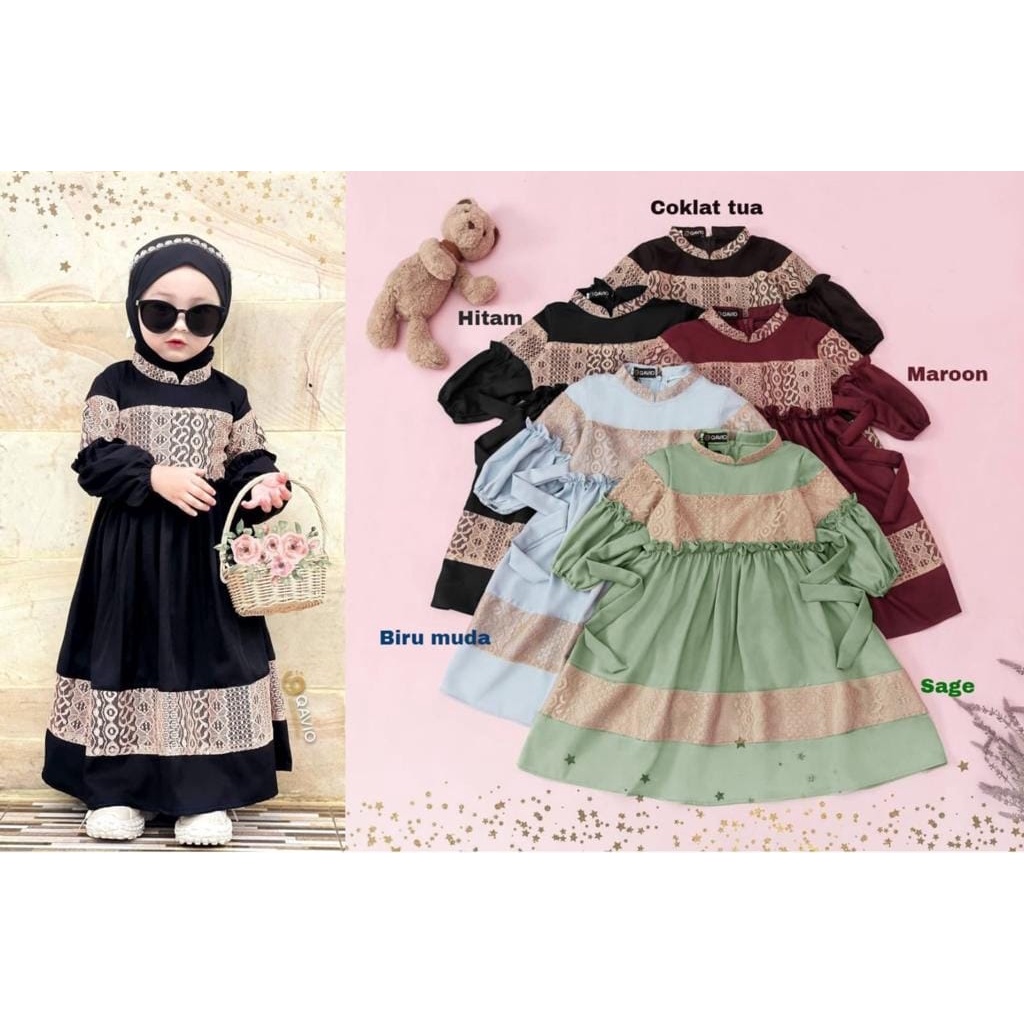 3 UKURAN S M L SYARI KID SURI FASHION PAKAIAN MUSLIM ANAK PEREMPUAN BAHAN MOSCREPE APLIKASI RENDA MR