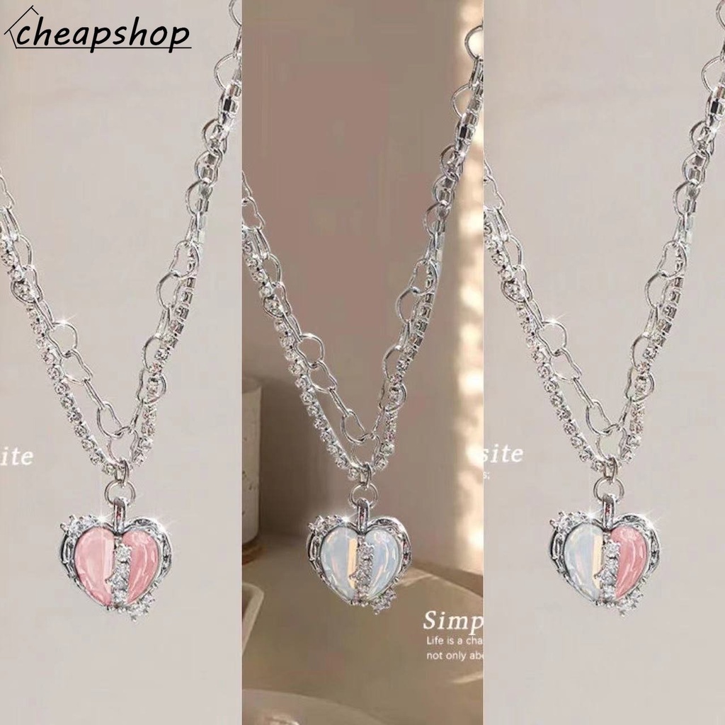 IFYOU Kalung Liontin Hati Split Warna-Warni Untuk Wanita Permata Kristal Rantai Perak Choker Aksesoris Perhiasan