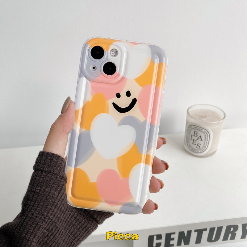 IPHONE Kartun Lucu Smiley Case Kompatibel Untuk Iphone14 11 13 12 Pro MAX XR 6 6S 7 8 Plus X XS MAX Warna-Warni Cinta Hati Lembut TPU Shockproof Airbag Pelindung Kamera Silicon Back Cover