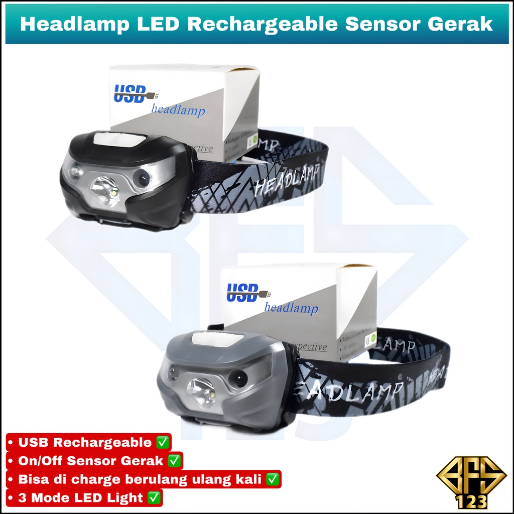 Headlamp Rechargeable Sensor Gerak - Senter Kepala