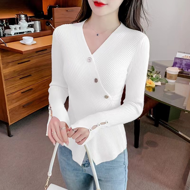 【Elegant】Long Sleeve Slim Fit V-Neck  Knitted T-shirt  7543