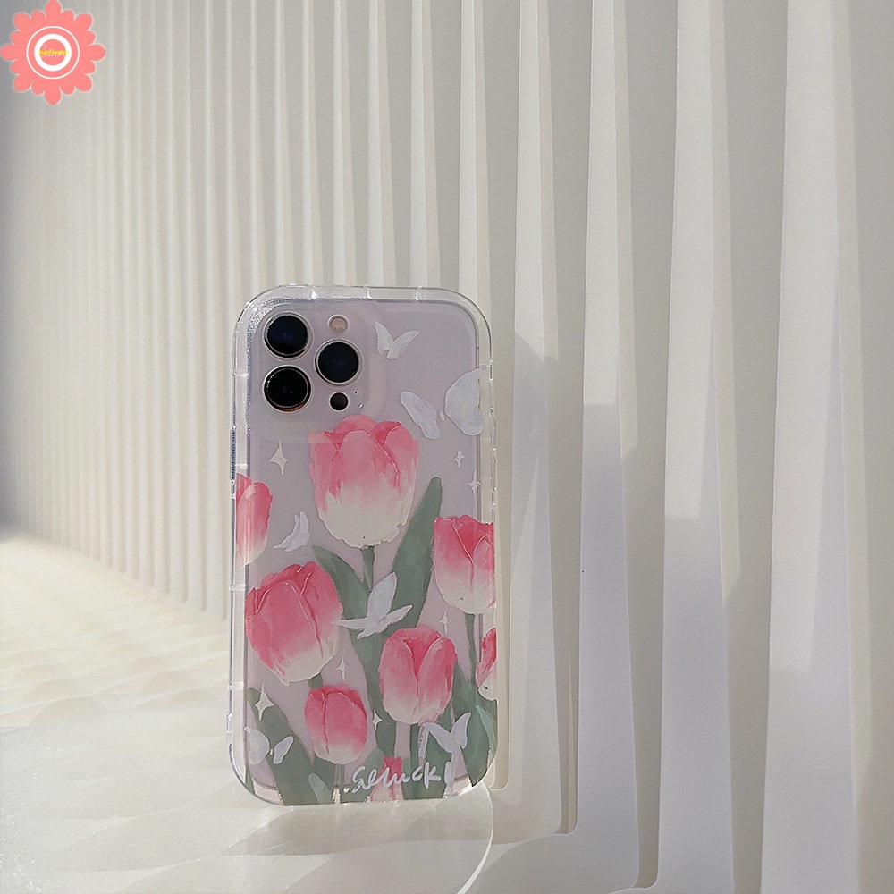 IPHONE Airbag Shockproof Case Kompatibel Untuk Iphone7 8 Plus 6 6S 11 14 13 12 Pro MAX XR X XS MAX Spring Fresh Flower Fantasy Butterfly Tulips Transparan Soft Casing Cover