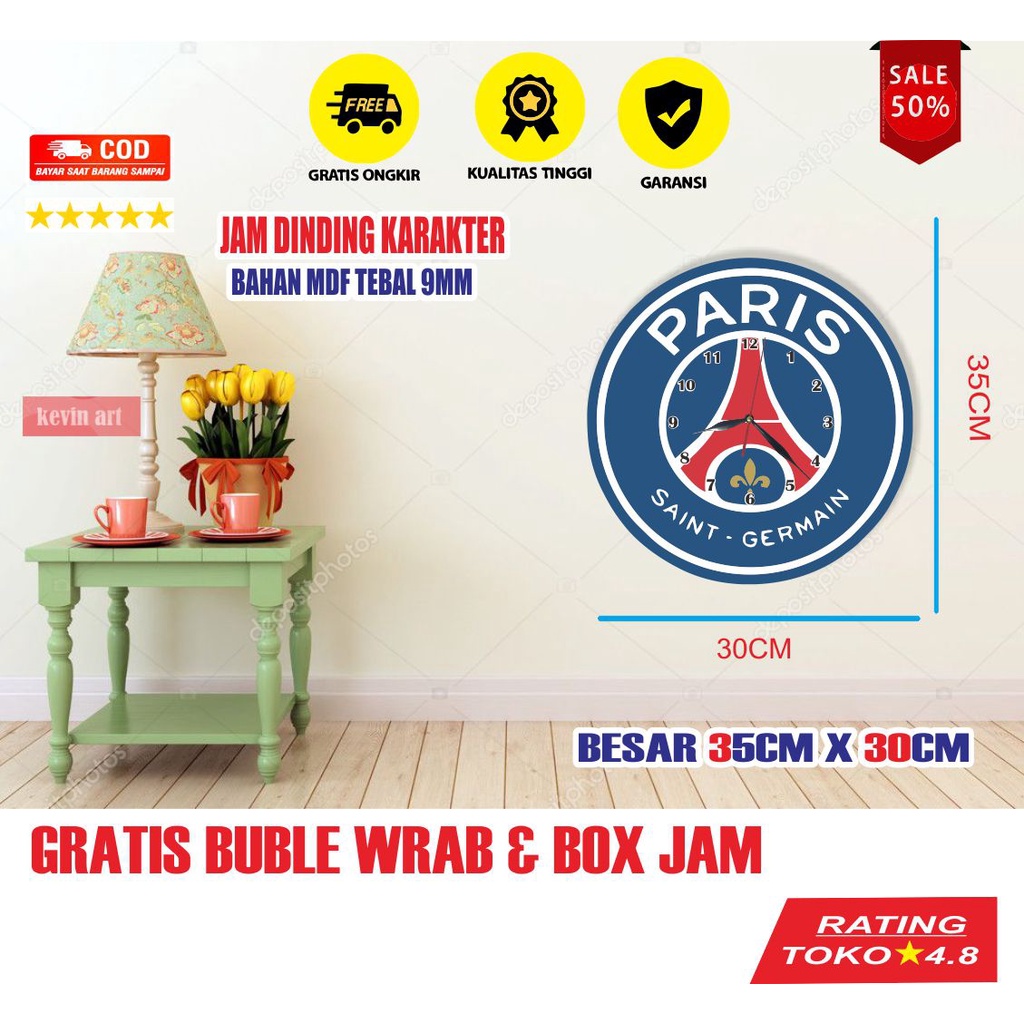 Jam dinding tempel tembok unik keren logo PSG Paris Saint Germany besar