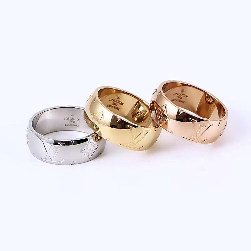 L Cincin Motif Berlian Imitasi Untuk Wanita | Cincin Bahan Titanium Steel Motif Tulisan logo | Cincin Pasangan Mini Bahan Stainless Steel