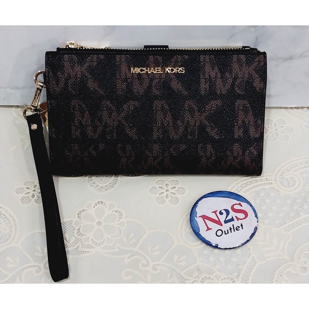 michael kors dompet wanita W 15 double zip original sig brown MK logo