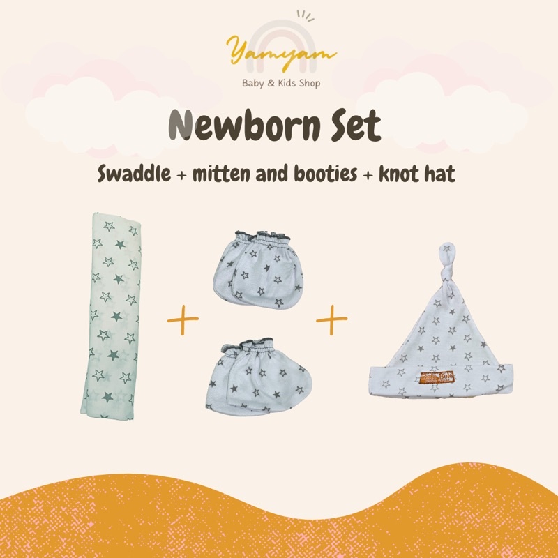 newborn set bedong set package paket bayi baru lahir sweaddle mitten booties knot hat bedong sarung tangan kaki sartaki stk topi bayi bolo bolo diti baby