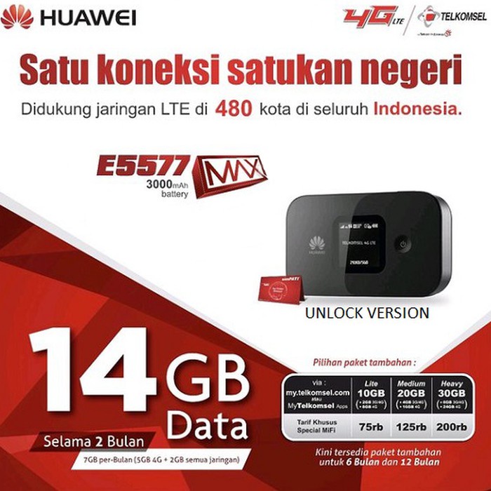 Modem Wifi MIFI 4G Huawei E5577 Max Free Telkomsel 14GB