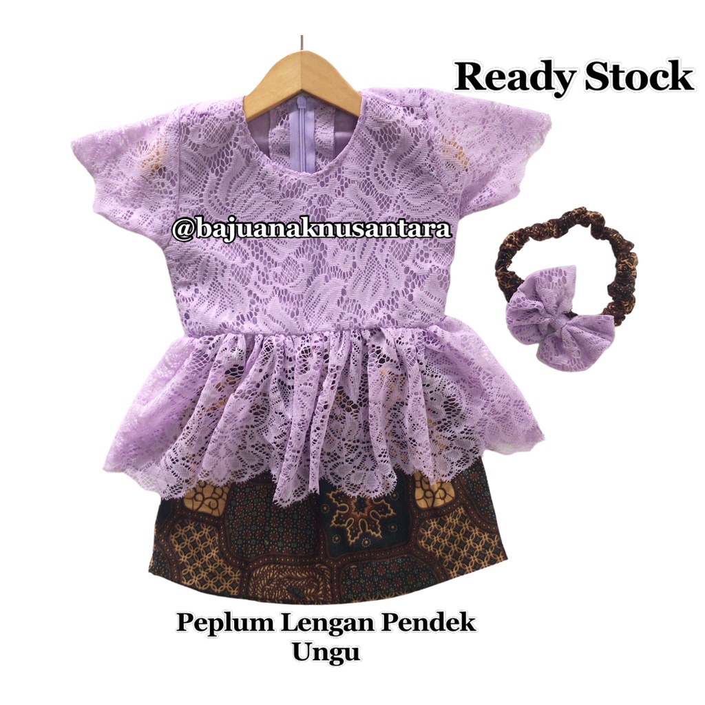 Setelan Kebaya Anak Modern Berbahan Kain Brukat Model Peplum Rok Pendek Warna Ungu