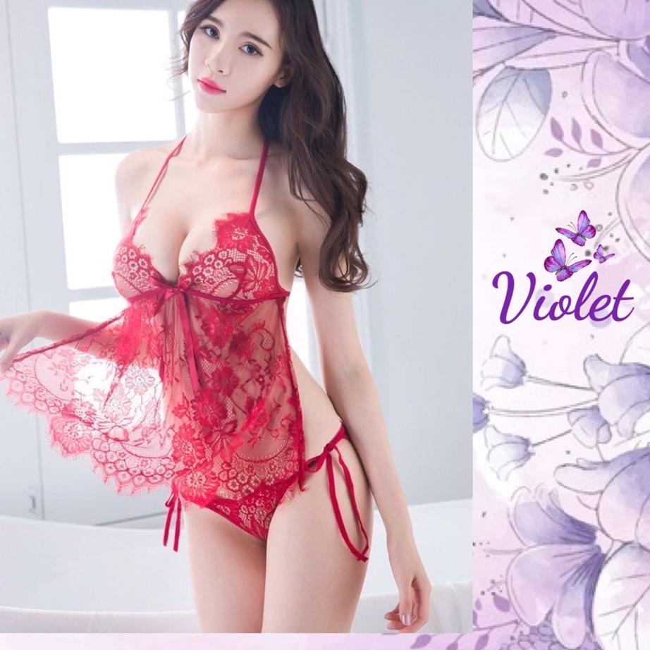 ✓ Violet Lingerie Set Baju Tidur + Celana Dalam Seksi Motif Bunga Renda Transparan Eksotis 1041