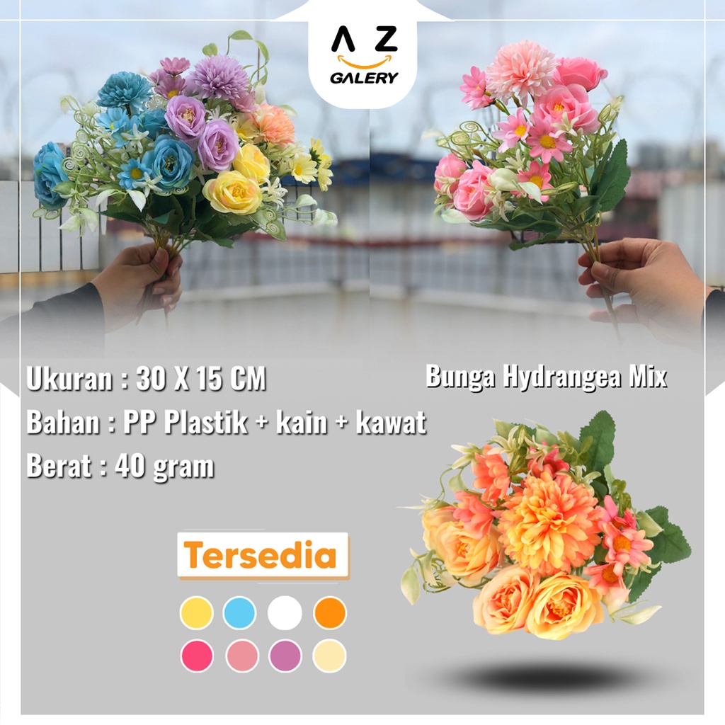 Bunga Hydrangea Mix hias Buket Bunga Plastik Palsu Tangkai Ornamen Pajangan Dekorasi Rumah Artificial Flower Tanaman Azgalery PBP148