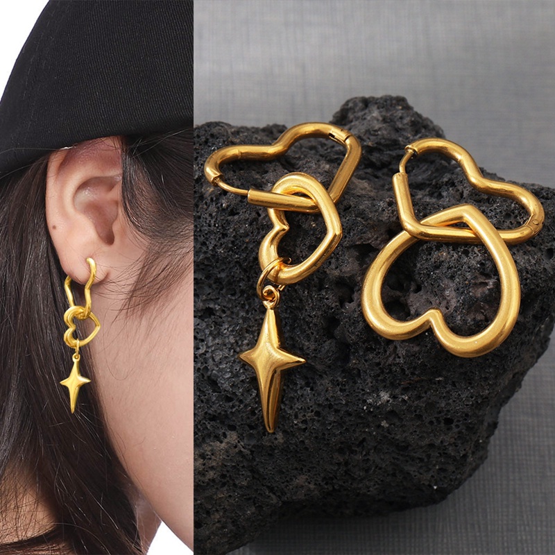 Kreatif Peach Hati Salib Wanita Stainless Steel Menjuntai Anting 18K Emas Asli Berlapis Tahan Air Dan Anti Luntur Perhiasan