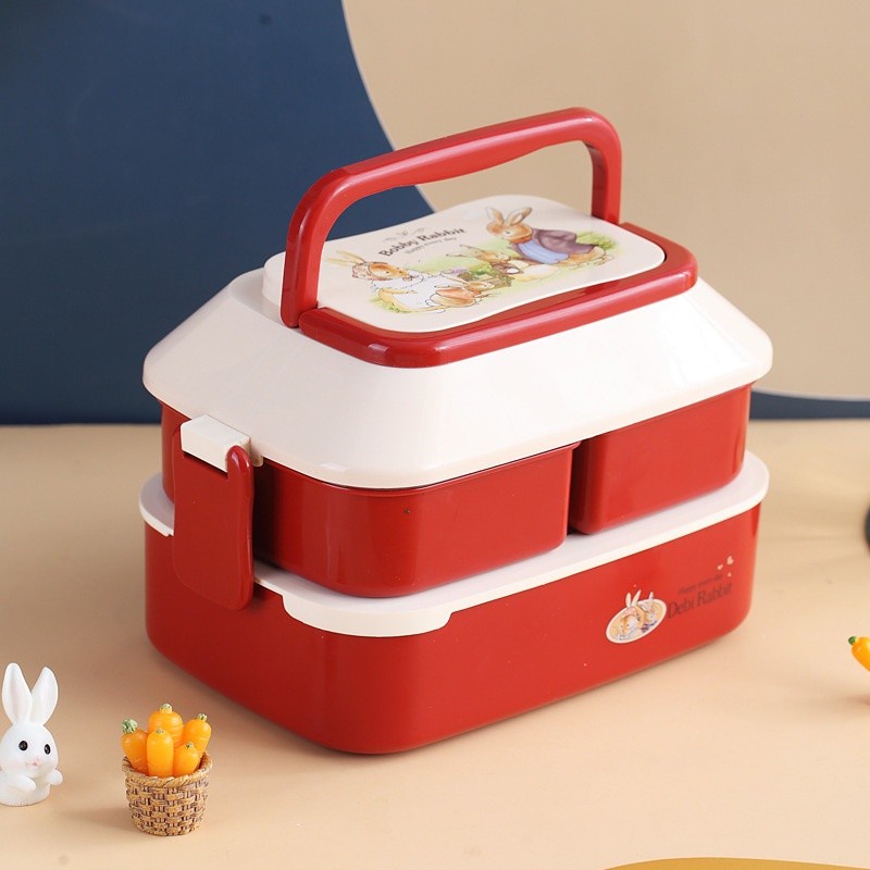 KOTAK MAKAN ANAK CUTE 2 SUSUN / LUNCH BOX KOTAK BEKAL FREE SENDOK GARPU