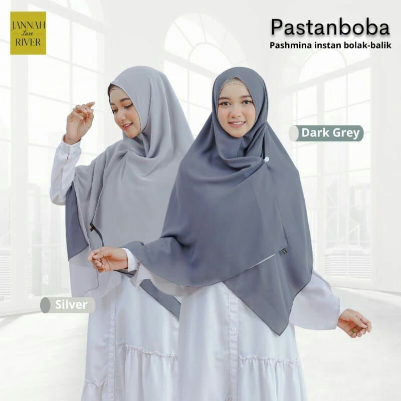 Pastanboba Silver-Dark Grey Ori Jannah River Luxe || Jilbab Instan Kekinian || Phasmina Instan 2 War