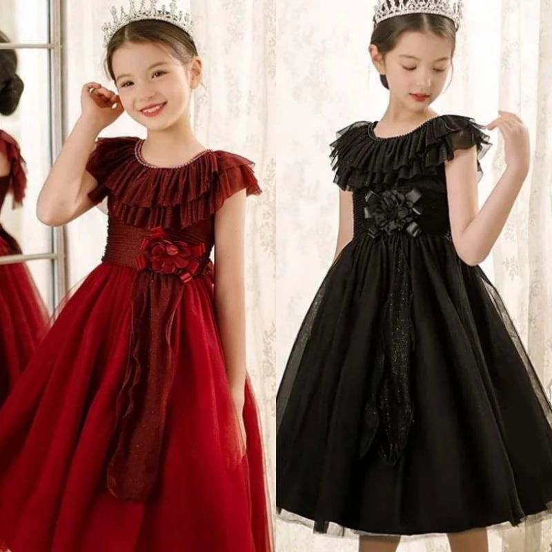 GAUN PESTA ANAK MAROON/HITAM POLOS MEWAH