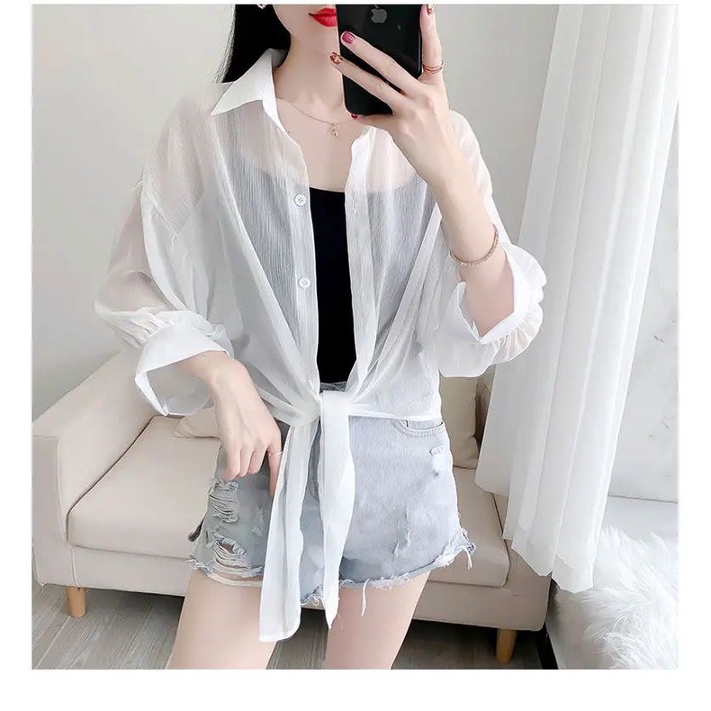 Toply shop COD+ GRATIS ONGKIR  Kemeja chiffon korean style / Cardigan outer polos kerah korean