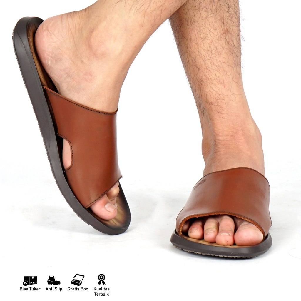 Sandal Pria Slide Sendal Kasual Kulit Hitam coklat tan tidak licin