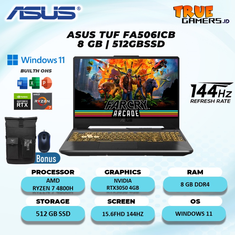 LAPTOP ASUS TUF FA506ICB RTX3050 4GB RYZEN 7 4800H 16GB 512SSD W11 15.6FHD 144HZ RGB