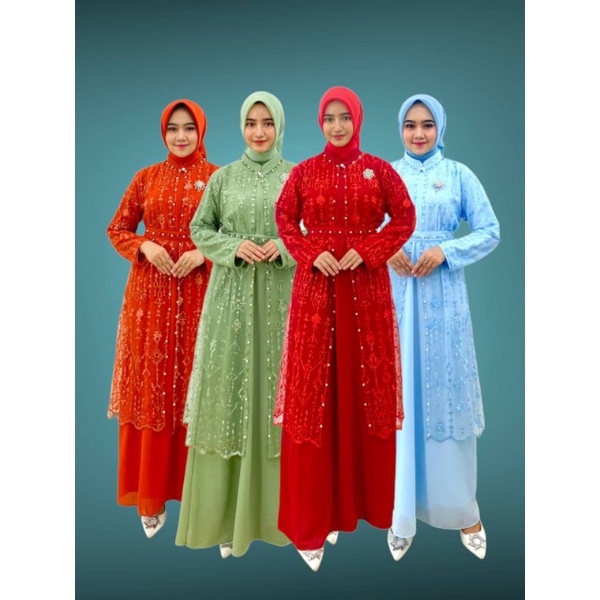 PB Prilly Busana - SARTIKA ETNIK SET 3IN1 GAMIS CERUTY + OUTER TILE BORDIR + BELT MUTIARA - GAMIS PESTA