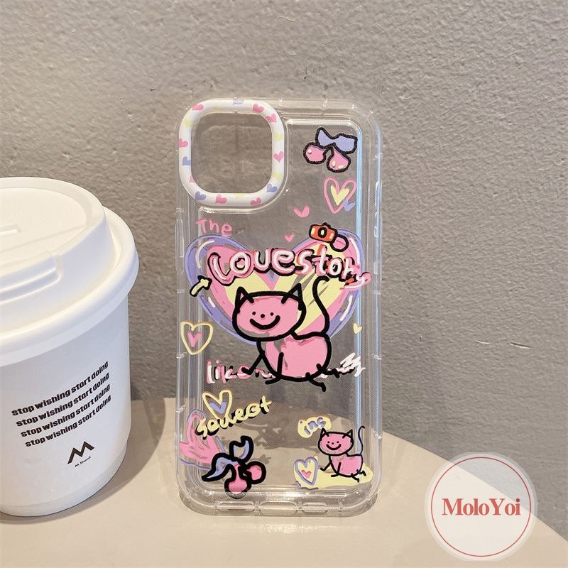 Ins Lucu Kartun Graffiti Cinta Hati Kucing Case Kompatibel Untuk iPhone 14 Pro Max11 13 12 7 8 Plus XR X XS MAX 6 6S Plus Airbag Shockproof Lembut Silicon TPU Penutup Belakang