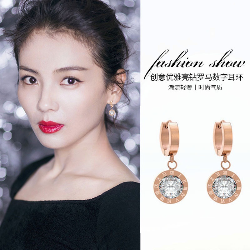 Anting Hoop Dengan Berlian Gaya Roman | Anting Rumbai Aksen Berlian | Anting Bahan Titanium Steel 18K Warna Rose Gold | Anting Bahan Stainless Steel