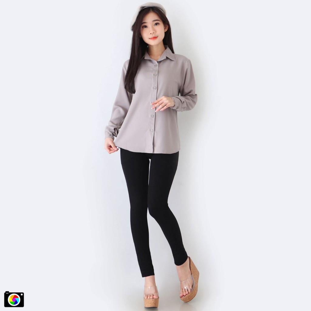 KEMEJA AUREL /KEMEJA BASIC POLOS/Kemeja Atasan Wanita Lengan Panjang Lengan Skoder M - XXL (bahan katun )