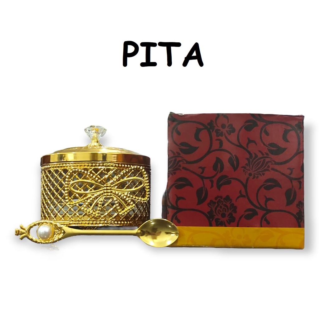 Toples Kaca Set Tempat Gula &amp; Sendok Emas Gold