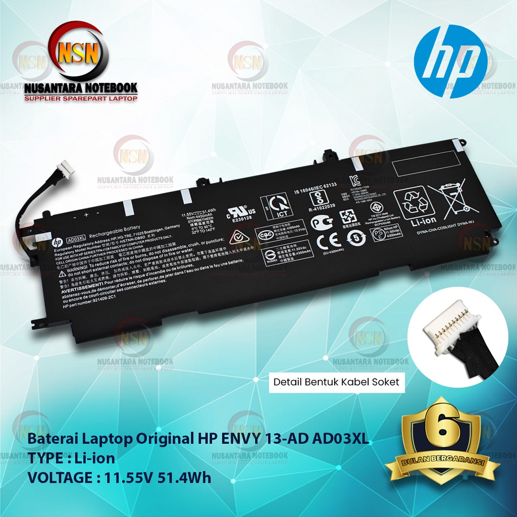 Baterai Original Laptop HP For ENVY 13-AD AD03XL 11.55V 51.4 Wh