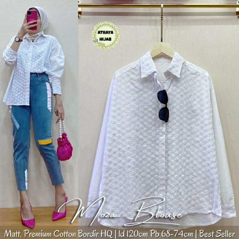 Moza Blouse, BLOUSE PUTIH WANITA MOTIF BORDIR BAHAN KATUN PREMIUM BORDIR FIT XXL LD 120 TERMURAH OOTD MODIS KEKINIAN