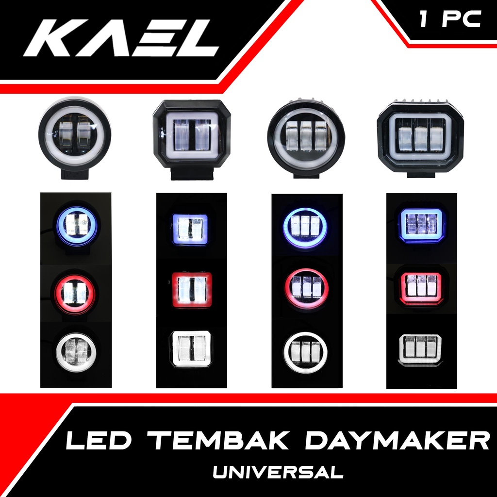 Lampu LED Tembak Daymaker Untuk Semua Jenis Motor Universal Bulat Kotak 2 3 Lensa Biru Merah Putih Mode Diam Flash Strobo Kedap Kedip Sorot Waterproof Mini