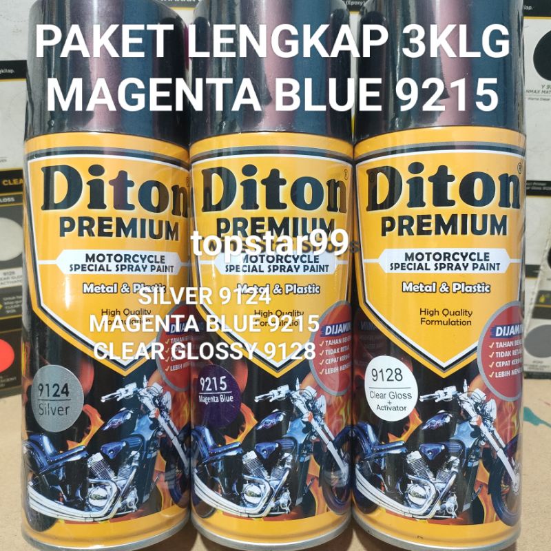 Diton Premium Paket Lengkap 3 Kaleng 400cc Ungu Tua Metalic Metalik Magenta Blue 9215 Silver 9124 Clear Glossy 9128 Pilox Pilok Cat Semprot Spray Paint